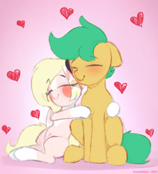 Size: 2092x2300 | Tagged: safe, artist:perezadotarts, oc, oc only, oc:kitsume butterfly, oc:pen sketchy, earth pony, pegasus, pony, belly button, blushing, cute, earth pony oc, eyes closed, heart, high res, hug, pegasus oc, shipping, simple background, smiling, text, wings