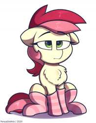 Size: 1410x1800 | Tagged: safe, artist:perezadotarts, roseluck, earth pony, pony, g4, bored, chest fluff, clothes, colored, cute, female, floppy ears, rosabetes, simple background, socks, solo, striped socks, text, white background