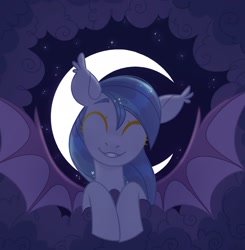 Size: 2008x2051 | Tagged: safe, artist:n in a, oc, oc only, bat pony, pony, bat wings, bust, cloud, commission, cute, eyebrows, eyes closed, fangs, female, grin, high res, mare, moon, night, smiling, smiling at you, solo, spread wings, stars, wings