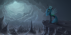 Size: 2000x1000 | Tagged: safe, artist:luminousdazzle, queen chrysalis, changeling, changeling queen, g4, cloud, crown, female, jewelry, scenery, solo