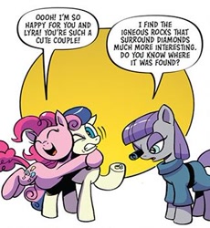 Size: 326x355 | Tagged: safe, artist:andypriceart, idw, official comic, bon bon, maud pie, pinkie pie, sweetie drops, earth pony, pony, g4, season 10, spoiler:comic, spoiler:comic89, bon bon is not amused, female, hug, implied lesbian, implied lyrabon, implied shipping, jewelry, mare, ring, unamused, wedding ring