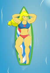 Size: 1280x1872 | Tagged: safe, artist:matchstickman, applejack, equestria girls, g4, abs, applejacked, biceps, bikini, breasts, busty applejack, clothes, female, hands behind back, muscles, solo, surfboard, swimsuit, thighs, thunder thighs, water