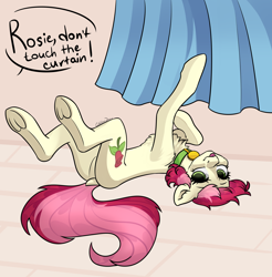 Size: 2500x2538 | Tagged: safe, artist:chibadeer, roseluck, earth pony, pony, g4, behaving like a cat, collar, commissioner:doom9454, cute, dialogue, dock, featureless crotch, female, fluffy, frog (hoof), high res, mare, on back, pet tag, pony pet, rosepet, solo, tongue out, underhoof