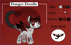 Size: 4000x2547 | Tagged: safe, artist:sparklysapphire, oc, oc only, oc:danger doodle, bat pony, hybrid, original species, pony, scorpion, scorpion pony, bat pony oc, bat wings, crown, ear piercing, earring, fangs, female, jewelry, mare, markings, piercing, red background, reference sheet, regalia, scorpion tail, simple background, solo, tattoo, wings