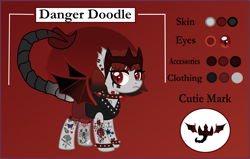 Size: 4000x2547 | Tagged: safe, artist:sparklysapphire, oc, oc only, oc:danger doodle, bat pony, hybrid, original species, pony, scorpion, scorpion pony, bat pony oc, bat wings, choker, clothes, crown, ear piercing, earring, fangs, female, jacket, jewelry, leather jacket, mare, markings, piercing, red background, reference sheet, regalia, scorpion tail, shorts, simple background, sleeveless, solo, spiked choker, spiked wristband, tattoo, wings, wristband