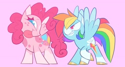 Size: 4096x2212 | Tagged: safe, alternate version, artist:brdinparadise, pinkie pie, rainbow dash, pegasus, pony, g4, >:d, g5 concept leak style, hair over one eye, pegasus pinkie pie, race swap, smiling, tongue out