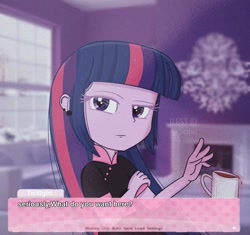 Size: 1000x941 | Tagged: safe, artist:scitwi, twilight sparkle, equestria girls, g4, bust, clothes, cup, doki doki literature club!, ear piercing, eyelashes, female, fireplace, indoors, magic, piercing, purple, solo, talking, telekinesis