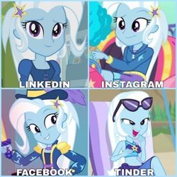 Size: 1080x1080 | Tagged: safe, edit, edited screencap, screencap, trixie, equestria girls, equestria girls specials, g4, my little pony equestria girls, my little pony equestria girls: better together, my little pony equestria girls: forgotten friendship, my little pony equestria girls: rollercoaster of friendship, street magic with trixie, clothes, collage, dolly parton challenge, facebook, female, instagram, linkedin, meme, solo, sunglasses, sunglasses on head, swimsuit, tinder