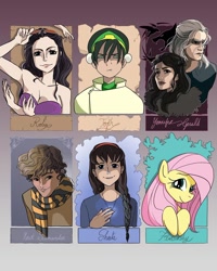 Size: 1080x1349 | Tagged: safe, artist:yack.fr, fluttershy, human, pegasus, pony, g4, avatar the last airbender, bust, castle in the sky, clothes, crossover, eyelashes, female, geralt of rivia, harry potter (series), hat, jewelry, male, mare, multiple limbs, necklace, newt scamander, nico robin, one piece, scarf, sheeta, six fanarts, smiling, the witcher, toph bei fong, yennefer of vengerberg