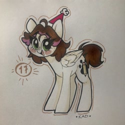 Size: 2048x2048 | Tagged: safe, artist:madkadd, oc, oc only, pegasus, pony, :d, blush sticker, blushing, female, hat, high res, mare, open mouth, party hat, pegasus oc, signature, smiling, solo, traditional art, wings