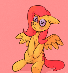 Size: 1500x1600 | Tagged: safe, artist:fluffycatnesspower, fluttershy, original species, pegasus, plush pony, pony, g4, blush sticker, blushing, button eyes, female, floppy ears, mare, pink background, plushie, simple background, sitting, smiling, solo, spread wings, stitches, three quarter view, wings