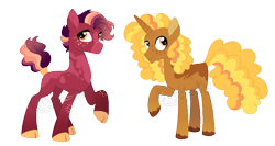 Size: 968x515 | Tagged: safe, artist:strawberry-spritz, oc, oc:bumblebee comet, oc:poppyseed meadow, earth pony, pony, unicorn, cloven hooves, coat markings, offspring, parent:big macintosh, parent:twilight sparkle, parents:twimac, simple background, transparent background, watermark