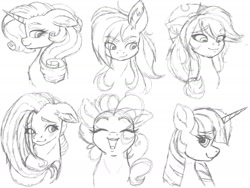 Size: 1620x1215 | Tagged: safe, artist:pearl123_art, applejack, fluttershy, pinkie pie, rainbow dash, rarity, twilight sparkle, pony, g4, blue background, bust, cute, eye clipping through hair, eyes closed, female, lineart, looking at you, mane six, mare, open mouth, portrait, profile, simple background
