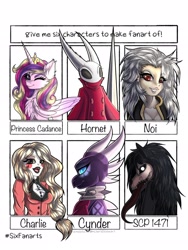 Size: 1536x2048 | Tagged: safe, artist:pearl123_art, princess cadance, alicorn, demon, dragon, human, pony, spider, g4, bust, charlie magne, chest fluff, clothes, collar, crossover, cynder, dorohedoro, dragoness, eyelashes, female, hazbin hotel, hellaverse, hellborn, hollow knight, hornet (hollow knight), mal0, mare, noi (dorohedoro), one eye closed, princess, princess of hell, scp-1471, six fanarts, smiling, spyro the dragon (series), that's entertainment, tongue out, wink