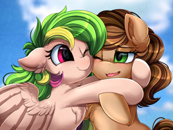 Size: 2379x1783 | Tagged: safe, artist:pridark, oc, oc only, oc:fruity extra, oc:nutty special, earth pony, pegasus, pony, bust, commission, cute, duo, hug, one eye closed, open mouth, portrait, smiling