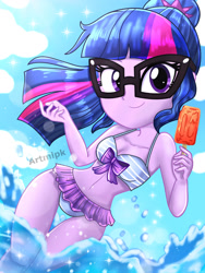 Size: 1800x2400 | Tagged: safe, artist:artmlpk, sci-twi, twilight sparkle, equestria girls, g4, adorable face, adorasexy, adorkable, adorkasexy, beach, beautiful, bikini, bow, clothes, cloud, cute, digital art, dork, female, food, glasses, legs in the water, legs together, looking at you, meganekko, melting, nerd, ocean, partially submerged, ponytail, popsicle, see-through, sexy, smiling, smiling at you, solo, summer, sunflare, sunlight, swimsuit, twiabetes, two-piece swimsuit, water, watermark, wave
