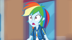Size: 1275x720 | Tagged: safe, screencap, rainbow dash, equestria girls, g4, my little pony equestria girls: better together, run to break free, backpack, cute, dashabetes, female, geode of super speed, magical geodes, open mouth, reaction image, shocked, solo