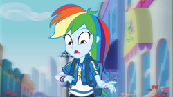 Size: 1275x720 | Tagged: safe, screencap, rainbow dash, equestria girls, equestria girls series, g4, run to break free, spoiler:eqg series (season 2), backpack, clothes, cute, dashabetes, female, geode of super speed, magical geodes, reaction image, shocked, solo, wristband