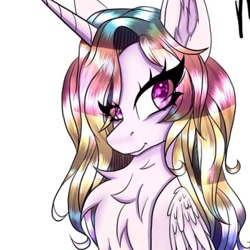 Size: 400x400 | Tagged: safe, artist:pearl123_art, oc, oc only, alicorn, pony, alicorn oc, bust, chest fluff, ear fluff, eyelashes, female, horn, mare, multicolored hair, rainbow hair, simple background, smiling, solo, white background, wings