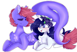 Size: 949x642 | Tagged: safe, artist:shinningblossom12, oc, oc only, oc:ufo, pegasus, pony, unicorn, :p, blushing, chest fluff, duo, floral head wreath, flower, horn, looking at each other, pegasus oc, prone, simple background, smiling, smirk, tongue out, transparent background, unicorn oc, wings