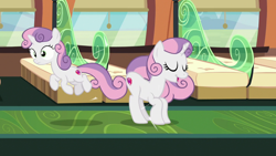Size: 1920x1080 | Tagged: safe, screencap, sweetie belle, pony, unicorn, g4, growing up is hard to do, butt bump, eyes closed, female, filly, foal, older, older sweetie belle, self ponidox, time paradox