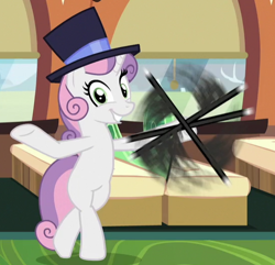 Size: 546x526 | Tagged: safe, screencap, sweetie belle, pony, unicorn, g4, growing up is hard to do, being big is all it takes, cropped, female, friendship express, horn, locomotive, mare, older, older sweetie belle, solo, steam locomotive, train, twirling