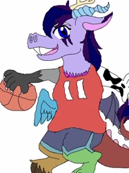 Size: 853x1143 | Tagged: safe, oc, oc only, oc:adean the draconequus, draconequus, anthro, athletic, basketball, bna: brand new animal, crossover, draconequus oc, solo, sports