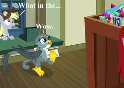 Size: 1008x720 | Tagged: safe, edit, edited screencap, editor:korora, screencap, derpy hooves, gabby, griffon, dragon dropped, g4, box, cropped, dialogue, disbelief, envelope, hat, mail, mailbag, mailmare hat, mailpony uniform, post office