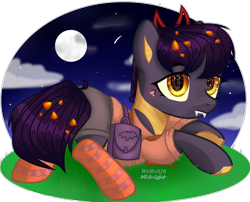 Size: 2742x2217 | Tagged: safe, artist:midnightmusic, oc, oc only, oc:tricky treat, dracony, dragon, hybrid, pony, bag, blushing, candy, candy corn, clothes, cloud, commission, fangs, female, food, hairband, high res, mare, moon, night, pumpkin, saddle bag, shirt, shorts, sky, socks, solo, stars, striped socks, ych result