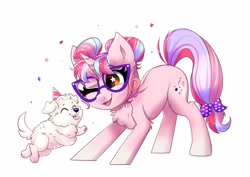 Size: 2337x1653 | Tagged: safe, artist:confetticakez, oc, oc only, oc:puppy party, dog, pony, unicorn, bow, chest fluff, confetti, cute, female, glasses, hat, mare, ocbetes, one eye closed, party hat, pet, puppy, simple background, starry eyes, tail bow, white background, wingding eyes