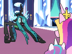 Size: 800x600 | Tagged: safe, artist:2snacks, princess cadance, princess flurry heart, queen chrysalis, alicorn, changeling, changeling queen, pony, g4, animated, crystal castle, dancing, female, get stick bugged lol, gif, headbob, meme, perfect loop, pixel art, silly, silly changeling, wat