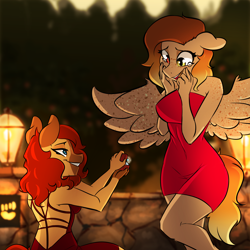 Size: 2000x2000 | Tagged: safe, artist:xxmarkingxx, oc, oc only, oc:firelight, oc:honeypot meadow, earth pony, pegasus, anthro, anthro oc, clothes, commission, couple, crying, digital art, dress, earth pony oc, engagement ring, female, floppy ears, freckles, gift art, gradient mane, heterochromia, high res, kneeling, lesbian, mare, marriage proposal, oc x oc, off shoulder, pegasus oc, red dress, shipping, shoulder freckles, smiling, tears of joy, wedding proposal, wing freckles, wings