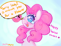 Size: 2405x1824 | Tagged: safe, artist:kaikururu, pinkie pie, bee, earth pony, insect, pony, g4, blue background, crying, cute, descriptive noise, dialogue, diapinkes, female, happy, horse noises, insect on nose, mare, open mouth, profile, simple background, smiling, solo, speech bubble, tears of joy