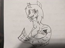 Size: 4048x3036 | Tagged: safe, artist:sonic-spatula, half-siren, hybrid, pony, curved horn, fangs, fins, fish tail, horn, irl, kellin quinn, looking at you, male, monochrome, photo, ponified, raised hoof, scales, sitting, sketch, sleeping with sirens, slit pupils, solo, traditional art