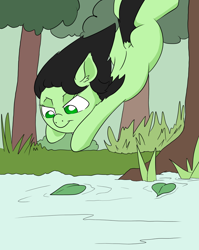 Size: 1000x1256 | Tagged: safe, artist:happy harvey, oc, oc only, oc:filly anon, earth pony, pony, bush, dock, ear fluff, falling, female, filly, jumping, lake, lilypad, phone drawing, solo, tree, water
