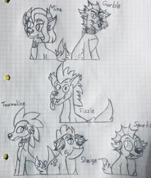 Size: 2945x3464 | Tagged: safe, artist:emmy-does-art, baby sparks, fizzle, garble, mina, sludge (g4), spike's fake mother, dog, dragon, equestria girls, g4, equestria girls-ified, female, graph paper, high res, male, monochrome, tongue out, traditional art