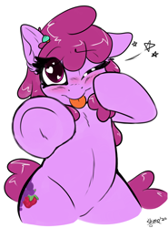 Size: 1500x2025 | Tagged: safe, artist:skoon, berry punch, berryshine, earth pony, pony, semi-anthro, berrybetes, bipedal, cute, female, heart eyes, mare, simple background, sketch, solo, standing, tongue out, white background, wingding eyes, winking at you