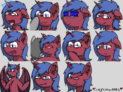 Size: 1024x768 | Tagged: safe, artist:skydreams, oc, oc only, oc:sparky showers, alicorn, bat pony, bat pony alicorn, pony, ahegao, bat wings, blue screen of death, blushing, boop, commission, crying, ear blush, ear piercing, earring, embarrassed, emoji, emotes, excited, fangs, gasp, generic pony, glasses, horn, hug, industrial piercing, jewelry, one eye closed, open mouth, piercing, sad, shrug, smiling, smirk, teary eyes, tongue out, wings, wink