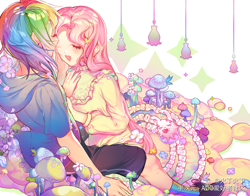 Size: 2154x1690 | Tagged: dead source, safe, artist:dengdengbobo, fluttershy, rainbow dash, human, g4, anime, anime style, blushing, eyes closed, female, flower, humanized, lesbian, mushroom, open mouth, ship:flutterdash, shipping, sitting, touching face