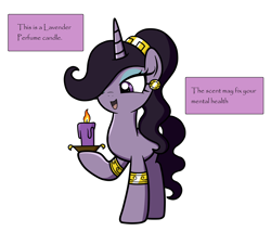 Size: 4888x4400 | Tagged: safe, artist:blazeburn386, oc, oc only, oc:lavendra, pony, unicorn, accessory, bracelet, candle, clothes, dialogue, ear piercing, earring, female, fire, hairband, hoof hold, horn, jewelry, makeup, mare, one eye closed, piercing, plate, raised hoof, simple background, solo, standing, talking, unicorn oc, white background