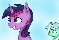 Size: 1280x863 | Tagged: safe, artist:sunnyroop23, lyra heartstrings, twilight sparkle, g4, alternate hairstyle, confused, duo, female, smiling