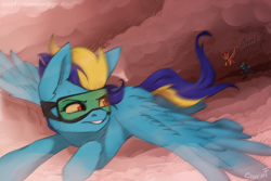 Size: 3720x2480 | Tagged: safe, artist:sinrinf, oc, oc only, oc:blue angel, pegasus, pony, cloud, commission, digital art, flying, glasses, high res, simple shading, solo, wings, ych result