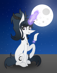 Size: 1060x1340 | Tagged: safe, artist:darbypop1, oc, oc only, oc:raven (darbypop1), pony, unicorn, feather, female, glowing horn, grin, horn, levitation, magic, mare, moon, smiling, solo, telekinesis