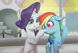 Size: 3496x2362 | Tagged: safe, artist:taytinabelle, rainbow dash, rarity, pegasus, pony, unicorn, g4, rarity investigates, blushing, boop, boop the snoot, chest fluff, cross-eyed, cute, dashabetes, duo, ear fluff, female, floppy ears, folded wings, head scratch, high res, hnnng, mare, raribetes, scene interpretation, scrunchy face, shipping fuel, sitting, smiling, sunscreen, wings