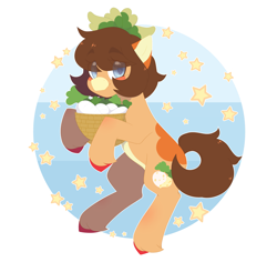 Size: 3869x3660 | Tagged: safe, artist:koishay, oc, oc only, earth pony, pony, abstract background, colored hooves, herbivore, high res, hoof hold, looking at you, parsnip, smiling, solo, stars, unshorn fetlocks, vegetables