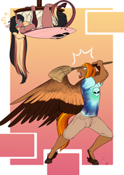 Size: 2865x4051 | Tagged: safe, artist:blackblood-queen, oc, oc only, oc:daniel dasher, oc:singe, changeling, dracony, dragon, hybrid, pegasus, pony, anthro, unguligrade anthro, alternate universe, angry, broom, brown changeling, changeling oc, chitin, clothes, digital art, flexible chitin, gay, hanging, male, oc x oc, pegasus oc, shipping, wings