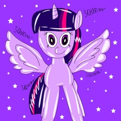 Size: 1536x1536 | Tagged: safe, artist:usadude, twilight sparkle, alicorn, original species, pony, rubber pony, g4, cute, female, glossy, mare, onomatopoeia, purple background, rubber, shiny, simple background, solo, spread wings, stars, twilight sparkle (alicorn), wings