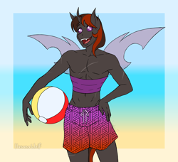 Size: 3400x3100 | Tagged: safe, artist:hasana-chan, oc, oc only, oc:onyx dust, changeling, anthro, anthro oc, beach ball, changeling oc, clothes, commission, digital art, fangs, gift art, gradient background, happy, high res, holeless, male, open mouth, partial nudity, purple changeling, scar, smiling, solo, swimming trunks, topless