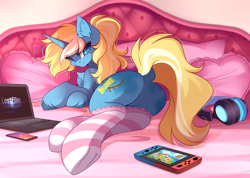 Size: 4500x3207 | Tagged: safe, artist:airiniblock, oc, oc only, oc:maple parapet, pony, unicorn, rcf community, animal crossing, bed, butt, cellphone, clothes, commission, computer, featureless crotch, female, headphones, horn, laptop computer, mare, nintendo switch, phone, pillow, plot, smartphone, socks, solo, striped socks, unicorn oc, ych result