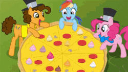 Size: 640x360 | Tagged: safe, screencap, cheese sandwich, pinkie pie, rainbow dash, earth pony, pegasus, pony, g4, pinkie pride, season 4, animated, bowtie, cheese, chewing, cupcake, cute, dashabetes, eyes closed, food, gif, hat, mouth hold, nom, party hat, pizza, pulling, rainbow dash's birthday, that pony sure does love pizza, tomato, top hat